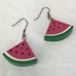 Watermelon slice wooden earrings pink green